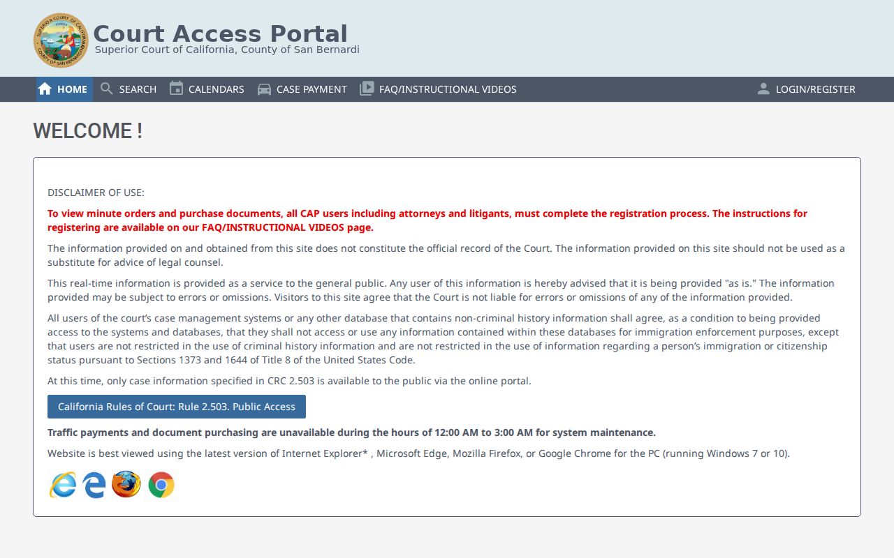 Montclair people search through the San Bernardino Court Access Portal
