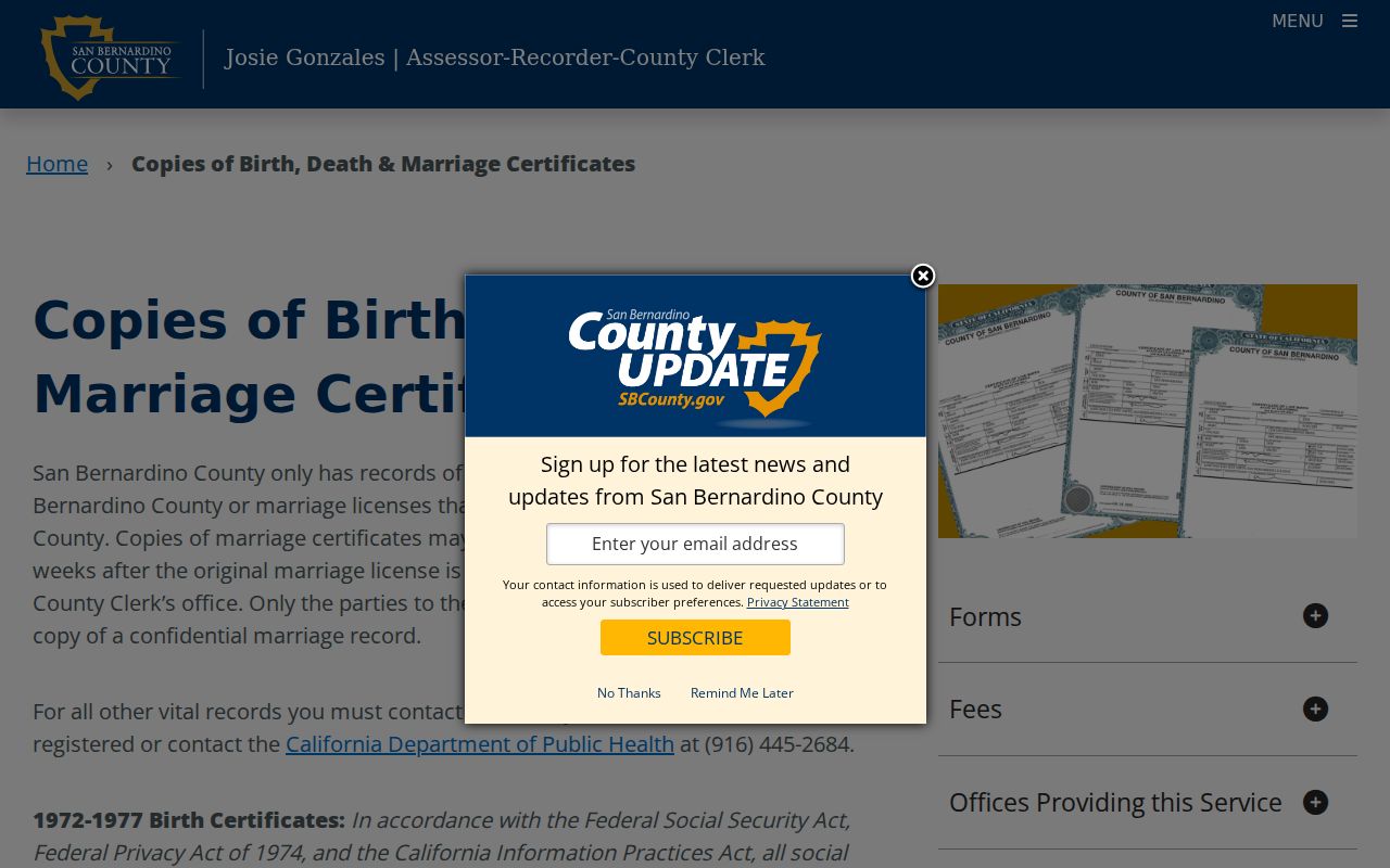 Montclair vital records request information from San Bernardino County