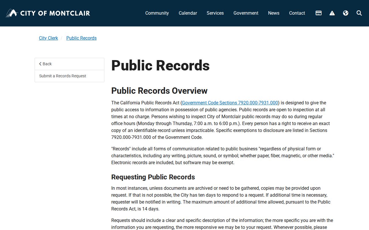 Montclair public records page for city requests