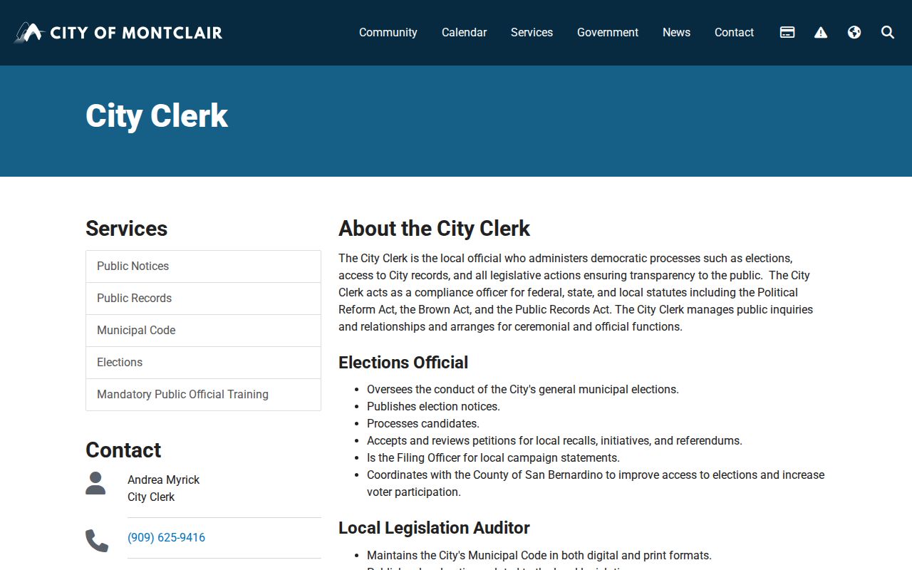 Montclair public records City Clerk contact information